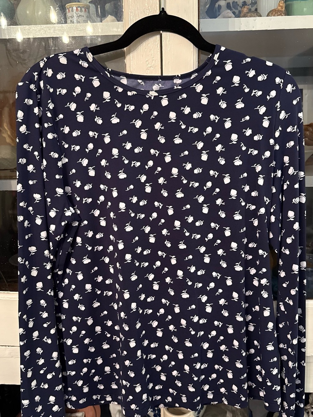 Lands' End Navy Long-Sleeve Top with White Floral Dot Print